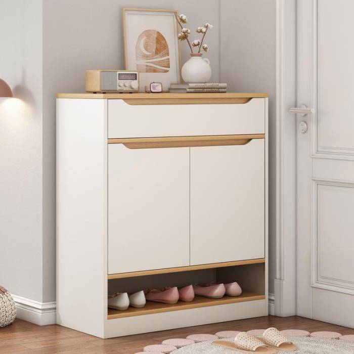 جزامة أحذية MDF – أبيض وخشبي | SU21 | 80×40×100 سم