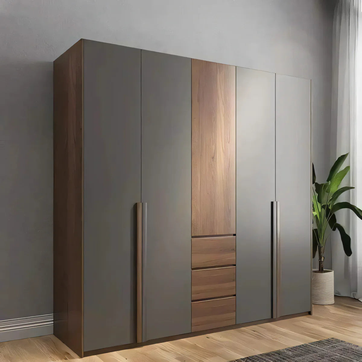 خزانة ملابس خشبية ورمادية - 200 × 50 × 200 سم | WD11