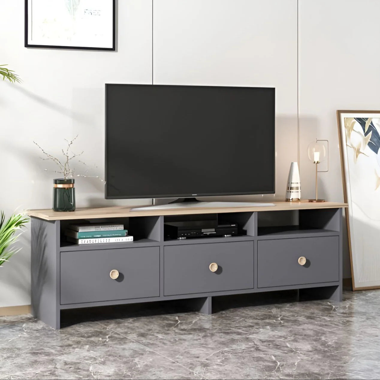 وحدة تلفزيون خشبية ورمادية - ١٤٠ × ٤٠ × ٣٠ سم | TV83