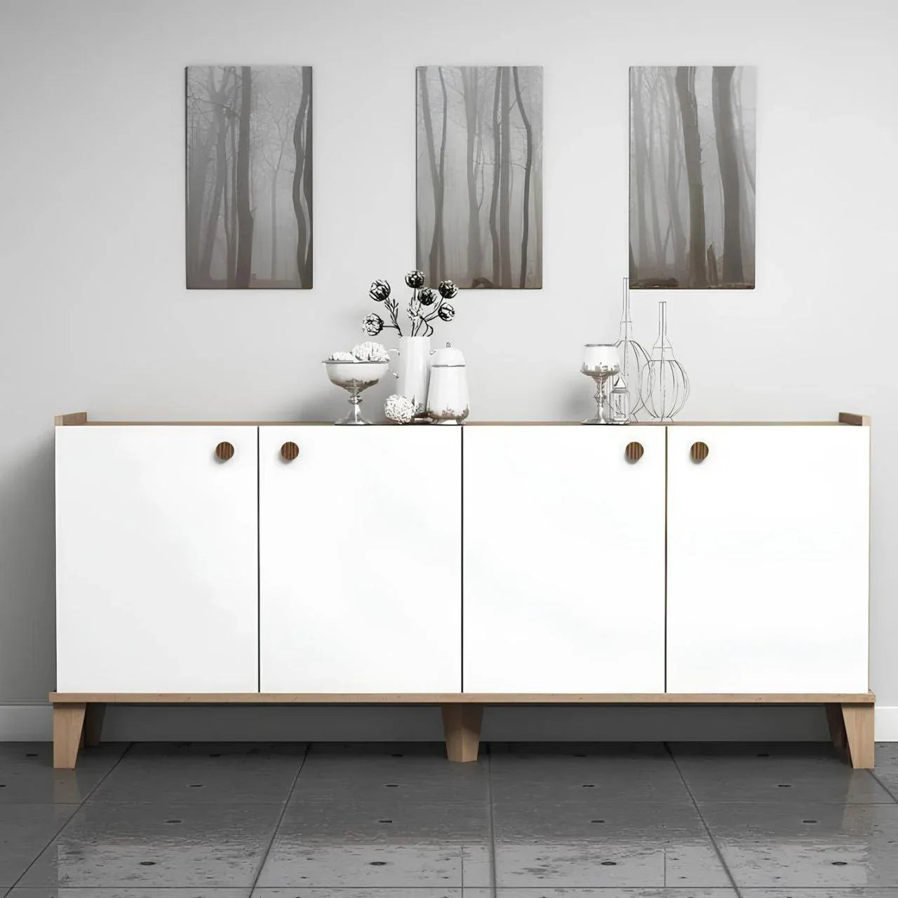 بوفيه | أبيض وخشبي | ١٦٠ × ٤٠ × ٩٠ | BT12