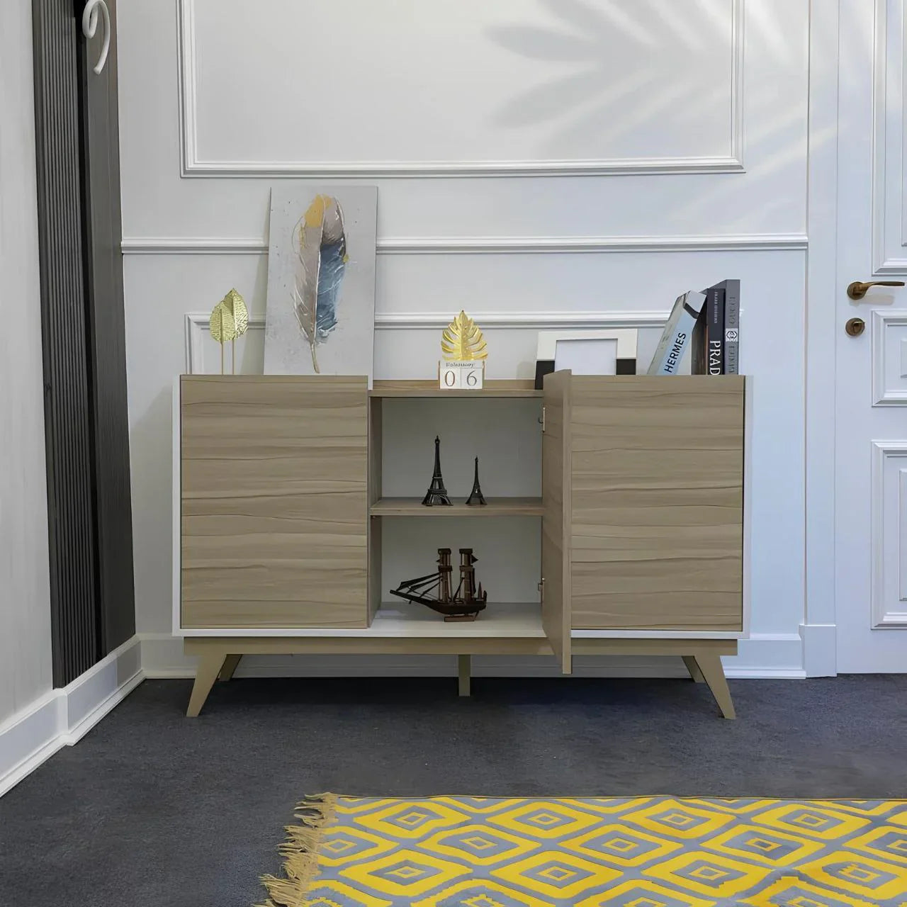 بوفيه | أبيض وخشبي | ١٤٠ × ٤٠ × ٩٠ | BT3