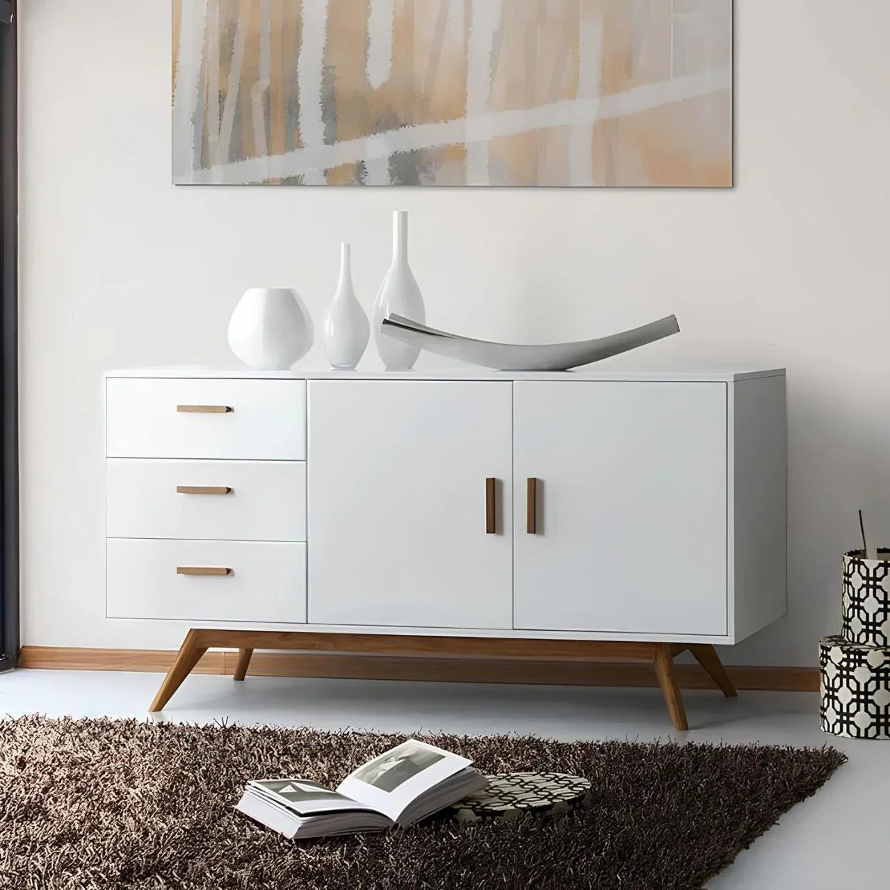 بوفيه | أبيض وخشبي | ١٤٠ × ٤٠ × ٩٠ | BT22